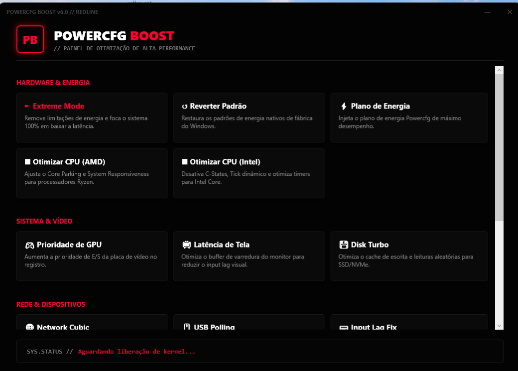 Painel de Otimização Powercfg Boost